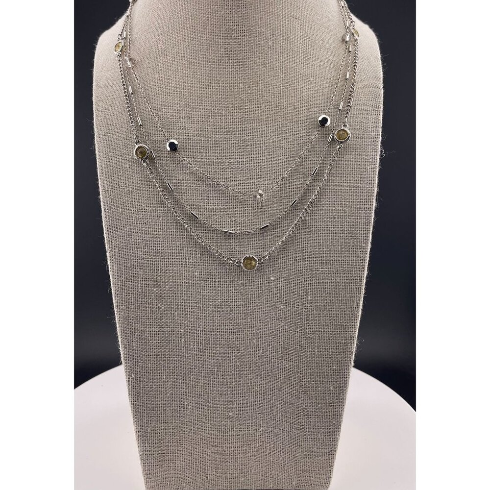 Layered Silver Chain Necklace With Crystal Lite Gold Accents & Adjustable Clasp